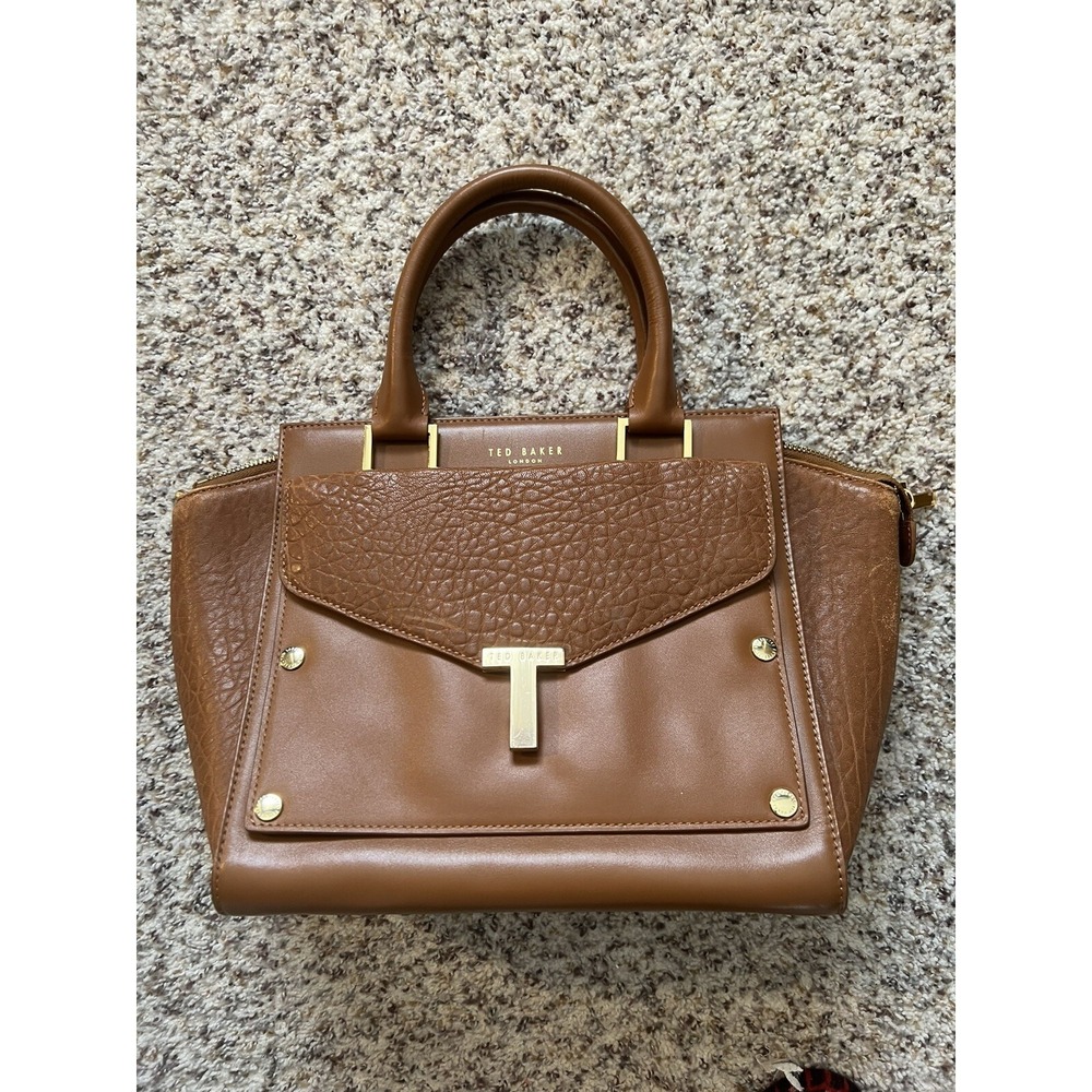 TED BAKER Brown Pebble Leather Shoulder Bag Tote Attachable Pocket Two Handles